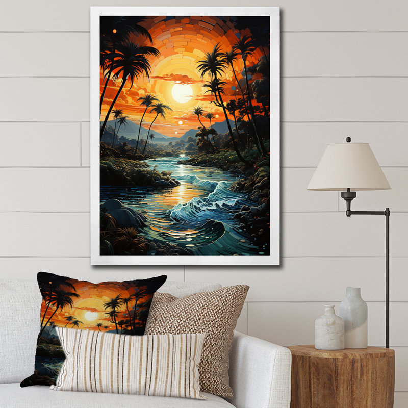 «Saudres Palm Trees Sunrise IV», reproduction sur toile, H 32 po x l 16 po x P 1 po, Cadre photo blanc