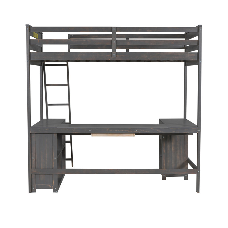 Lit mezzanine avec tiroirs en U et tablettes de rangement, Double