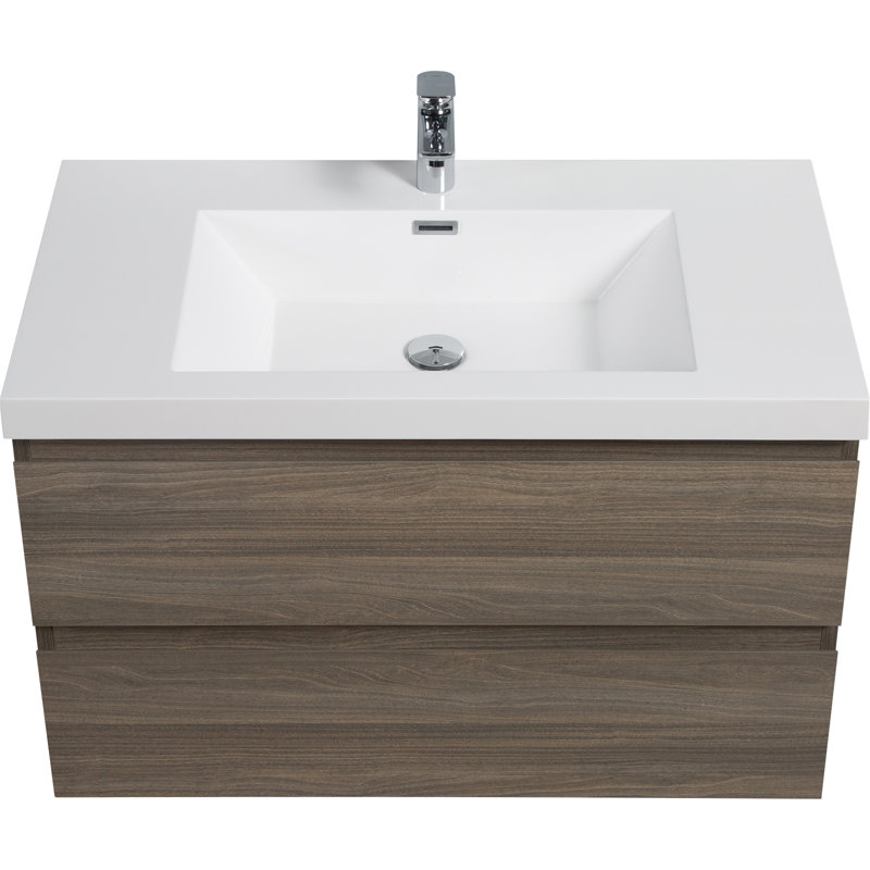Meuble-lavabo flottant avec lavabo, meuble-lavabo mural moderne avec lavabo en résine et tiroirs à fermeture en douceur, Gris