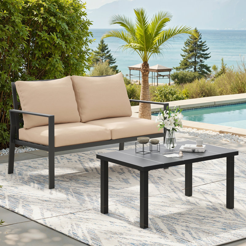 2 Seater Outdoor Sofa with Coffee Table, Beige