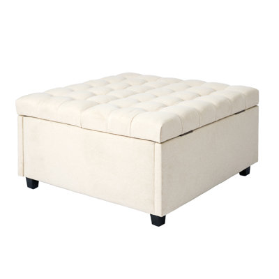 Beige Tufted Linen Storage Ottoman, 31.29" Square Upholstered Coffee Table Bench with Hidden Storage for Living Room