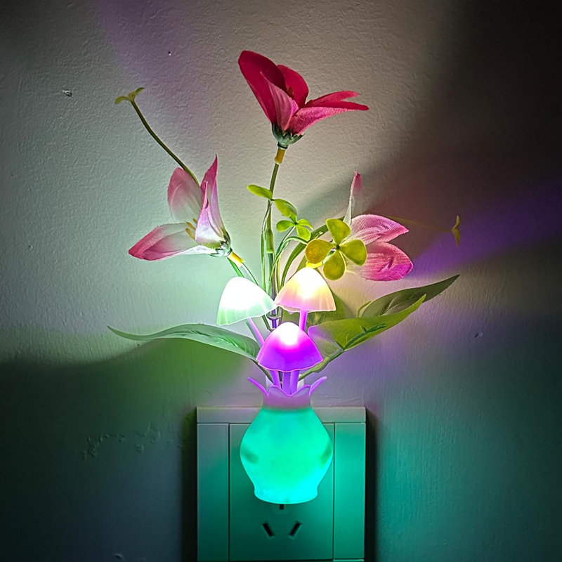 Veilleuse à brancher avec capteur de lumière automatique, veilleuse à champignon à DEL RVB, lampe à fleur 1W écoénergétique pour chambre d'enfant