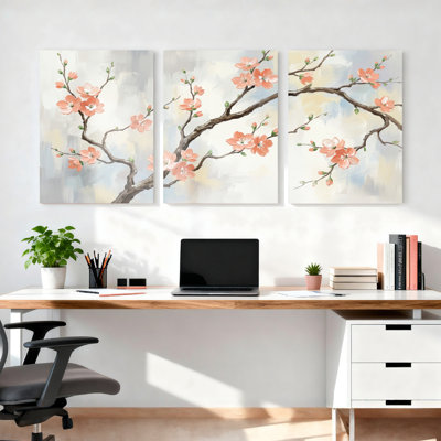 Ensemble de 3 tableaux sur toile, style aquarelle, représentant des branches de cerisier en fleurs, pour la décoration du salon et de la chambre.