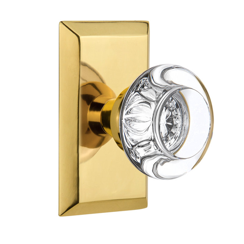 Studio Plate with Round Clear Crystal Door Knob, Polished Brass