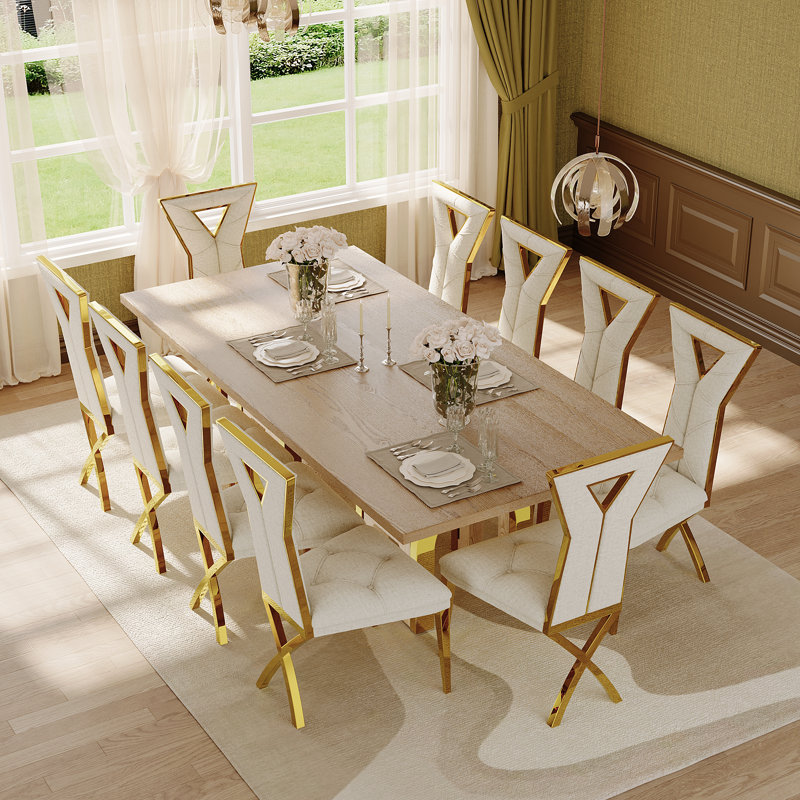 Luxury Velvet Dining Room Chairs With Mirrored Silver Legs, Gold, White