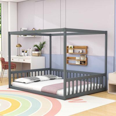 Wooden Canopy Frame Floor Bed With Guardrails