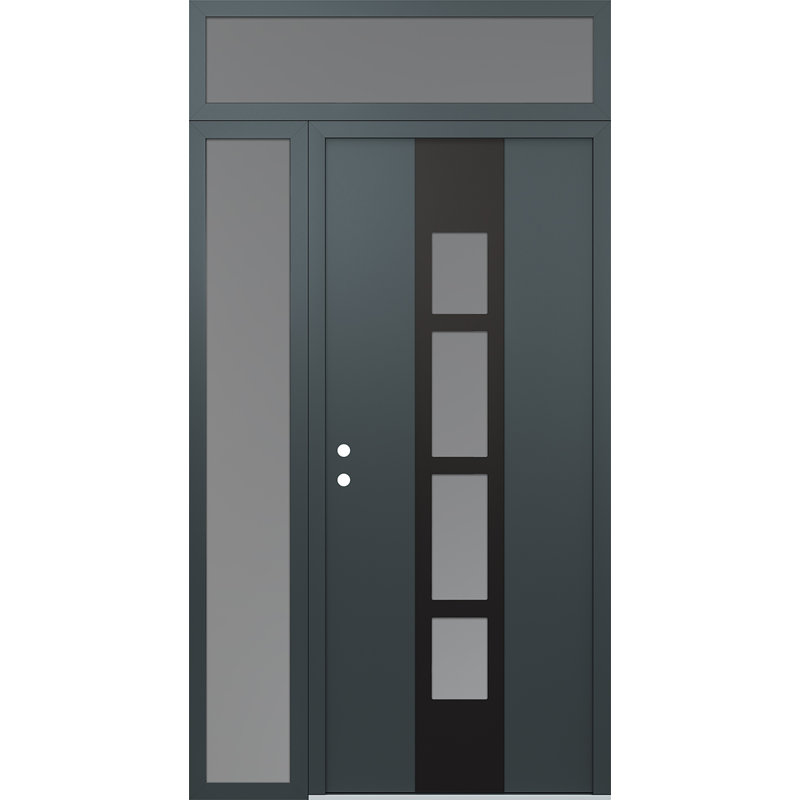Porte d'entrée pré-suspendue en acier à panneau noir Diamond A10 avec panneau latéral et traverse, Droite / vers l'intérieur