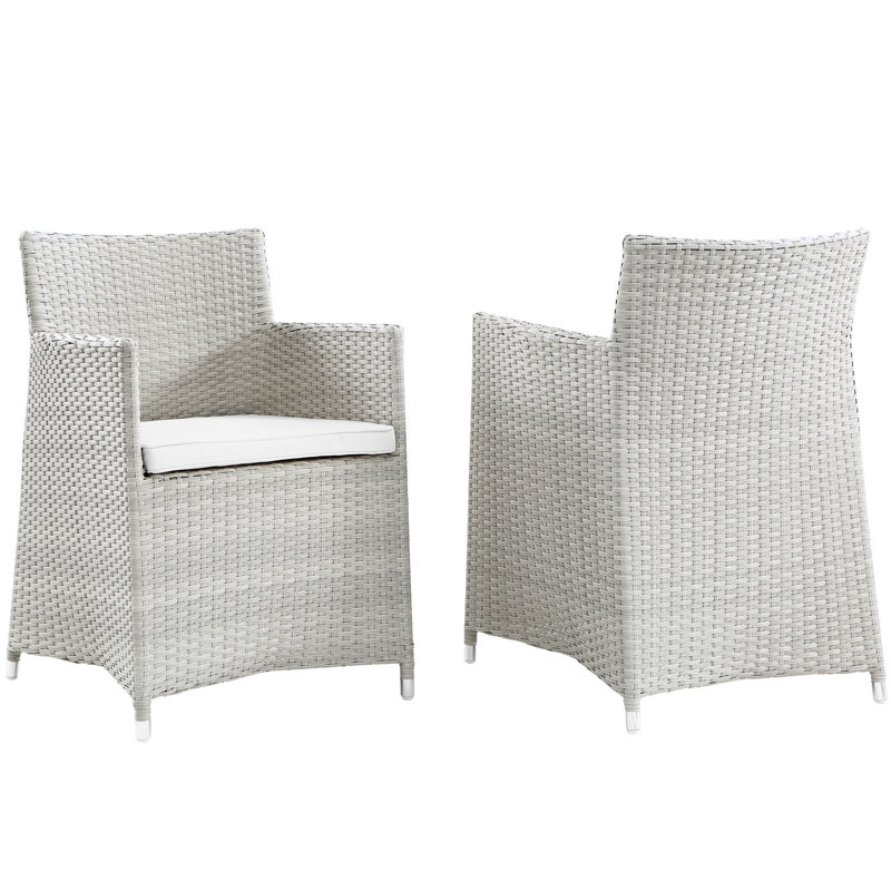 Modway Junction Wicker Rattan Outdoor Patio Two Dining Arm Chairs with Cushions in Gray White, Gray
