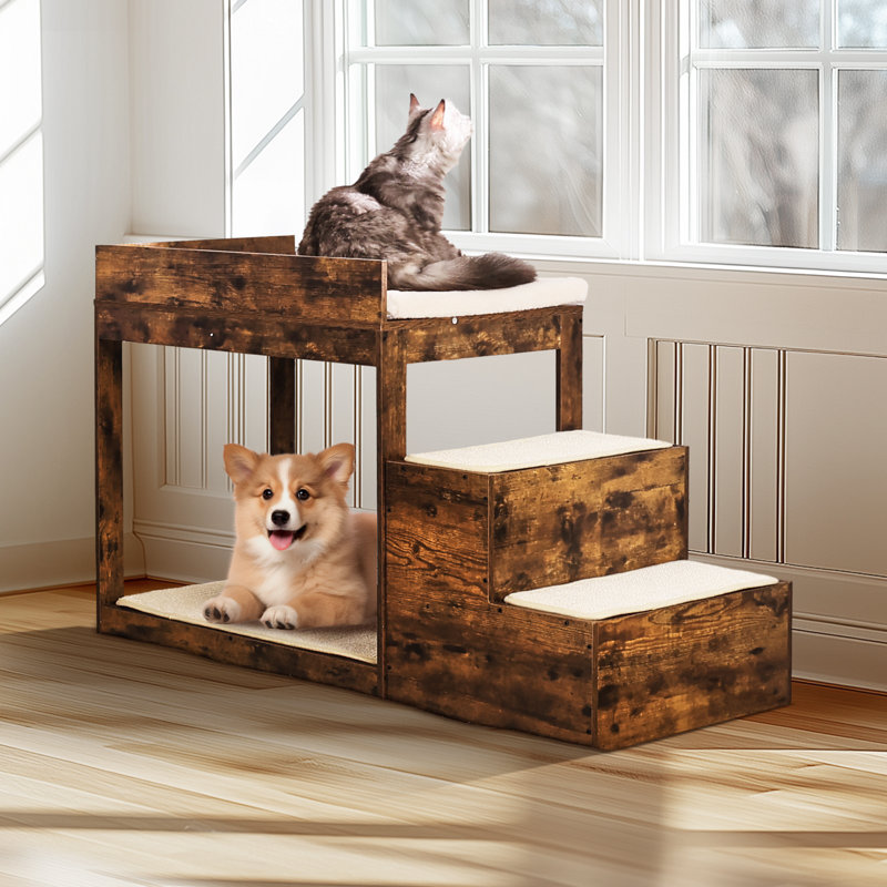 Pet Bunk Bed With Stairs, Dog/Cat Window Perch For High Beds And Couches, Medium Multi-Level 3 Step Dog Seat Platform Sleeper Couch, Practical For Modern Homes (Rustic Brown)