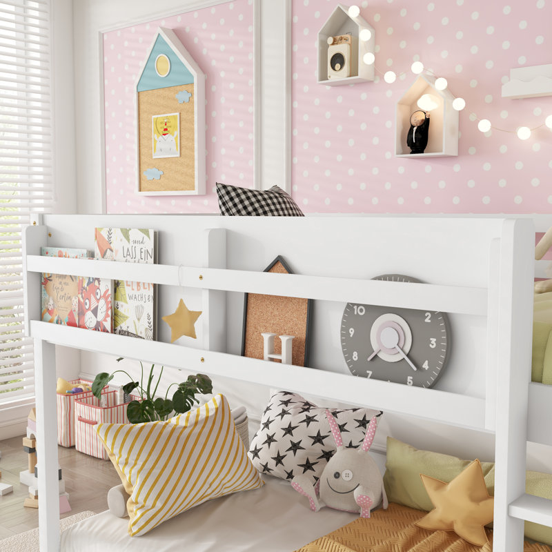 Lit superposé bas simple au-dessus de simple, lit superposé au sol avec échelle, lit superposé simple en bois massif pour enfants et enfants, blanc