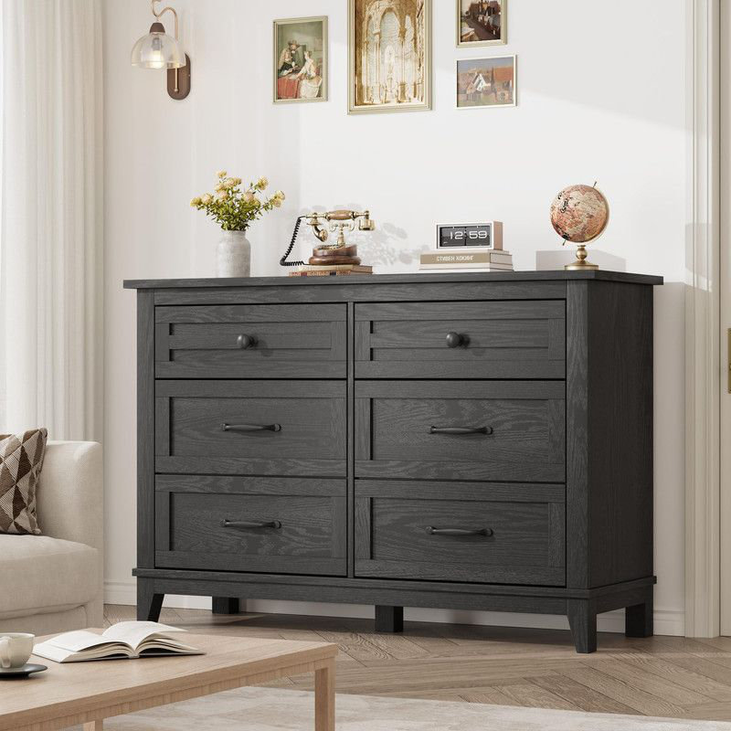 Wide 6-Drawer Storage Dresser, 54-Inch Black Freestanding Wooden Chest, Large Capacity Closet Organizer for Living Room, Bedroom or Entryway