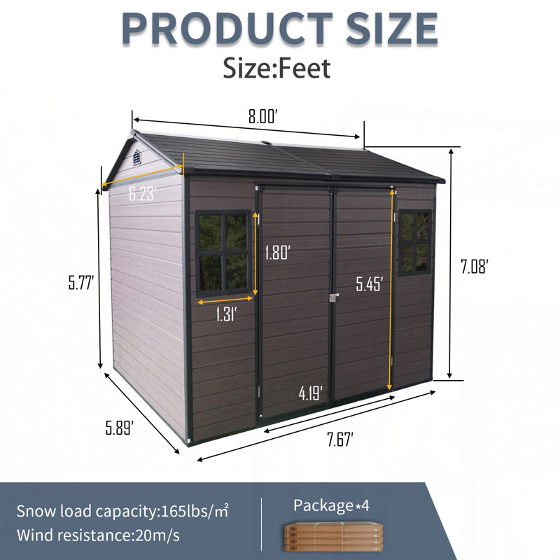 8 x 6 ft Resin Outdoor Storage Shed Waterproof Shed with Floor & Two Windows & Lockable Door, Tool Shed for Garden, Patio, Backyard