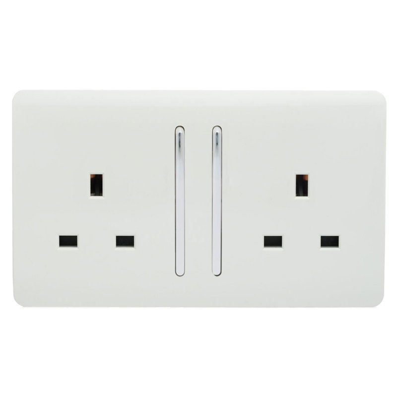 Trendi Switch 2 Gang Long Switched Plug Socket, Gloss White