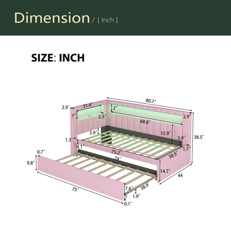 Upholstered Platform Bed With USB Ports And LED Belt, With Trundle, Twin, Pink