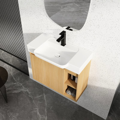 Meuble-lavabo de 28 po avec lavabo en céramique blanche, fonction de fermeture en douceur, couleur chêne, conception moderne pour les espaces, armoire à une porte, deux espaces de rangement ouverts, en chêne, charnières, salle de bain, rangement, grattoir et