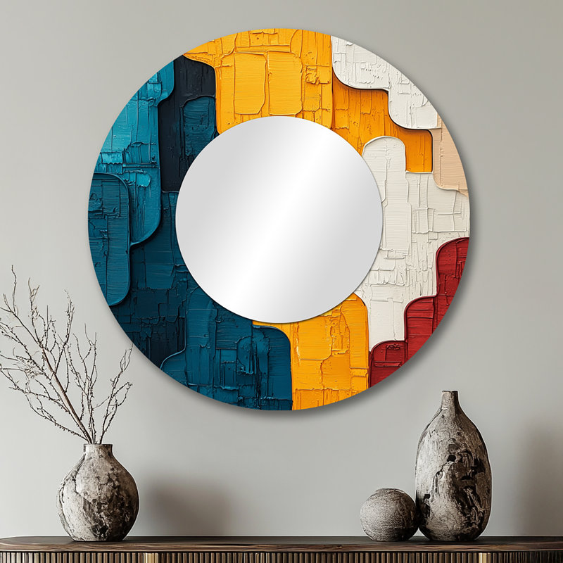 Urban Jazz transitionnel, collage bleu et jaune I - art mural miroir moderne - imprimé sur métal, 29 po x 29 po