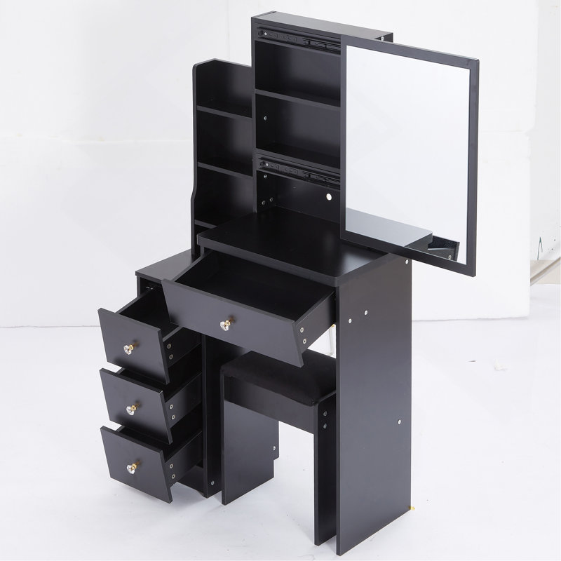 Compact And Stylish Bedside Cabinet Set With Extra Large Mirror And High Capacity Storage, Black