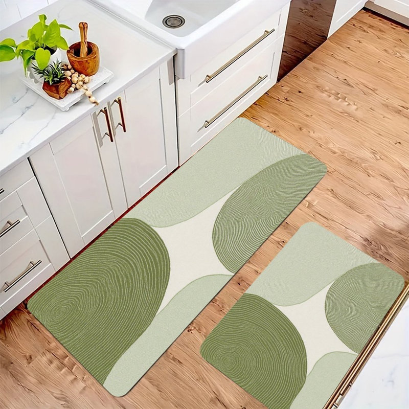 Green Circular Swirl, Kitchen Mats Set of 2