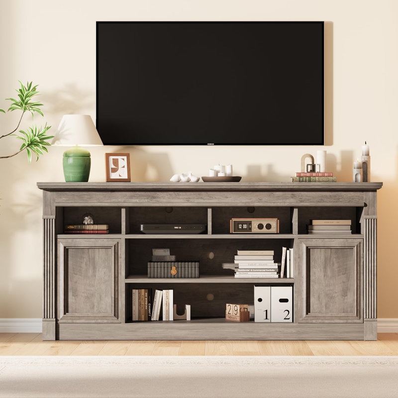 67" Farmhouse TV Stand for TVs up to 75", Entertainment Center with Adjustable Open Shelves & Storage Cabinets, Gray