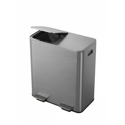 Double poubelle en acier inoxydable avec 2 bacs de 8 gallons, couvercle à fermeture en douceur, finition résistante aux empreintes digitales, seaux intérieurs amovibles, bac de cuisine compact