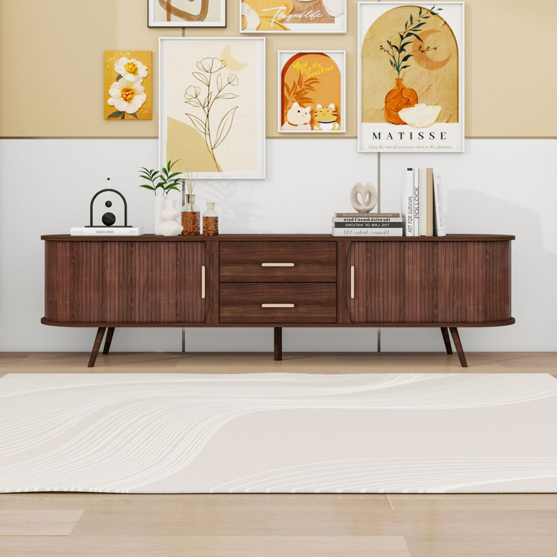 Meuble télé de style Mid-Century pour téléviseur de 80 po ou moins avec portes coulissantes et 2 tiroirs de rangement