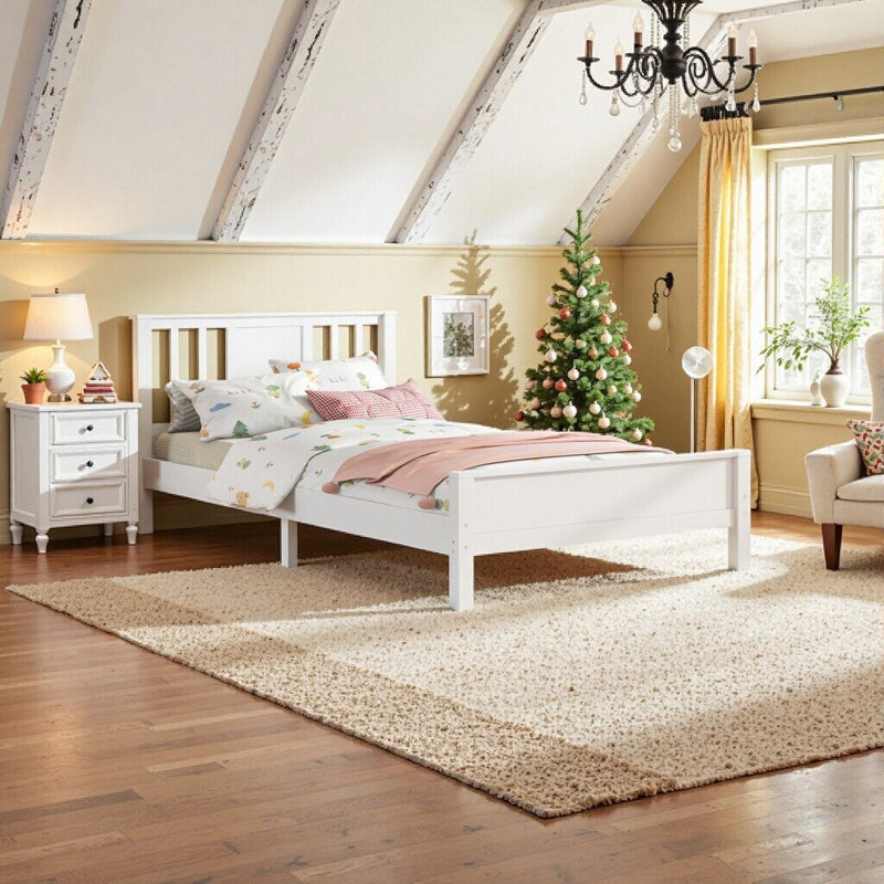 Structure de lit plateforme simple avec tête de lit, lit à plancher bas en bois massif avec lattes de soutien, Blanc