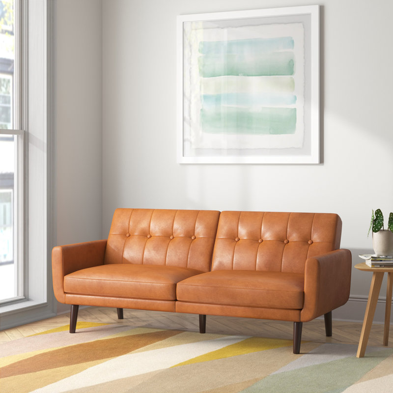 Gaige 78.5" Faux Leather Convertible Sofa/Futon, Camel Faux Leather