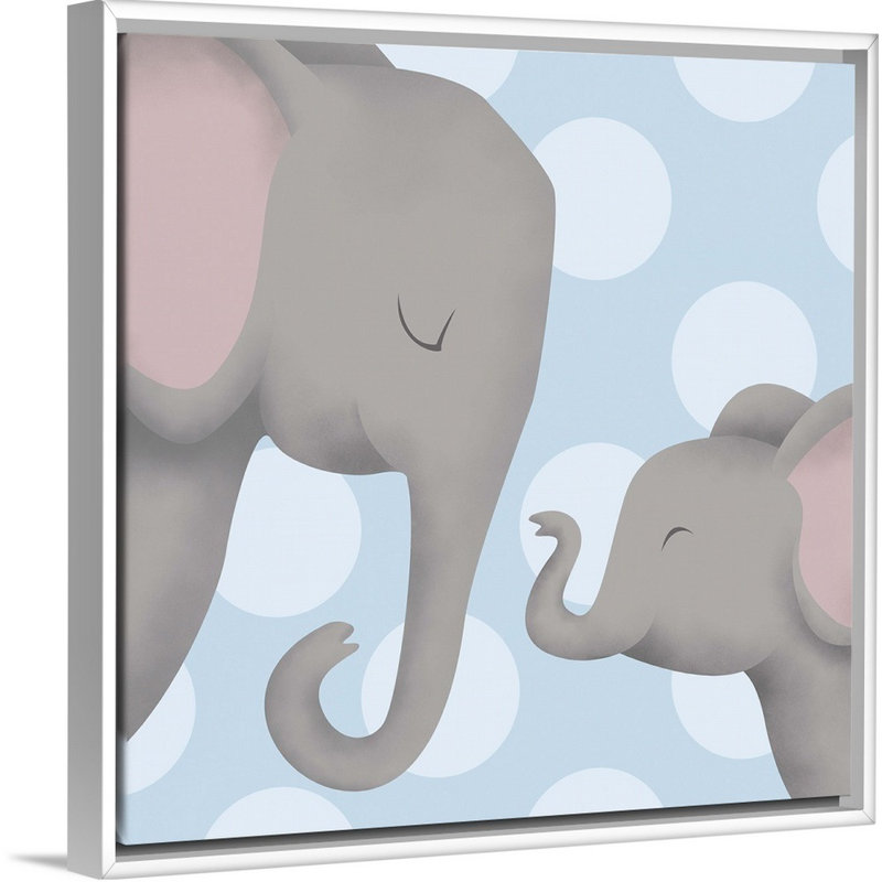 «Elephant Mommy and Baby on Blue», impression, Cadre pour toile flottant blanc, H 24 po x l 24 po x P 1,75 po