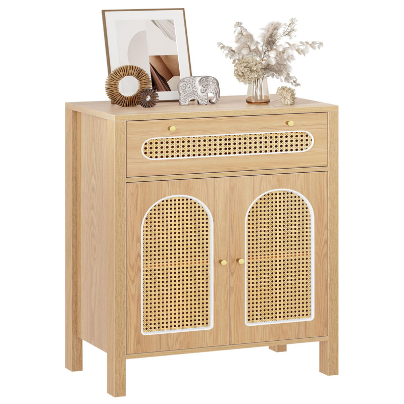 Storage Cabinet with Rattan Doors, Natural Wood