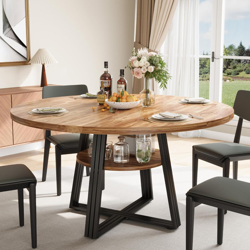 Round Dining Table For 4-6, 42" Farmhouse Kitchen Table With Storage, Circle Dinner Tables For Kitchen, Dining Room, Living Room, Meeting Room, Apartment