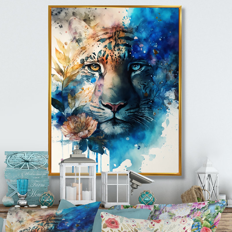 Tiger Portrait with Flowers II - Print on Canvas, 32" H x 16" W, Gold Floater Framed