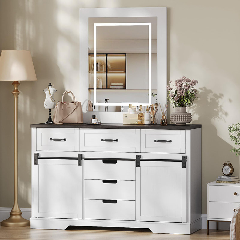 Commode 6 tiroirs avec miroir pour chambre à coucher, coiffeuse avec miroir lumineux