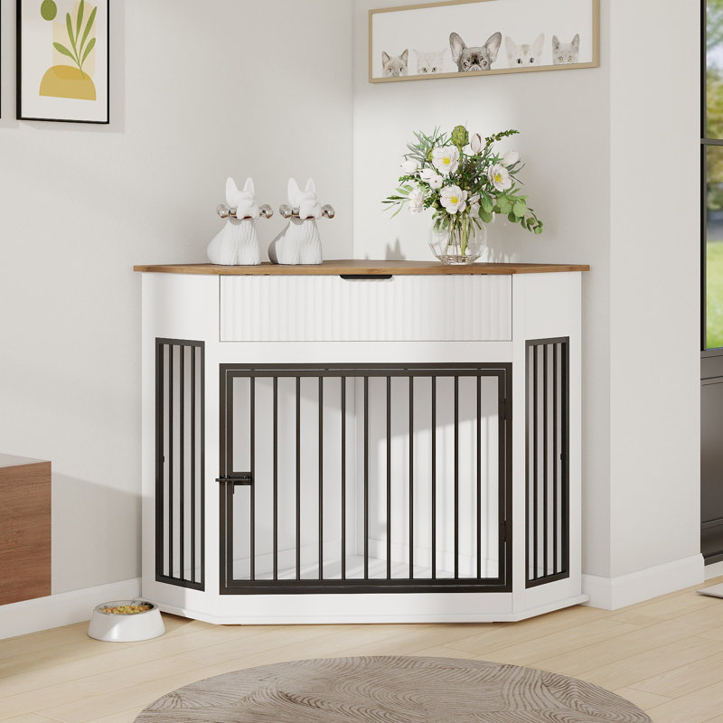Meuble de rangement en coin pour chien avec tiroir cannelé pour petits et moyens chiens Bréhob, Blanc