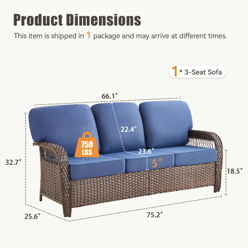 Patio Outdoor 3-Seat Sofa, Outdoor Conversation Furniture, All-Weather Rattan Couch With Cushion, Blue, Brown