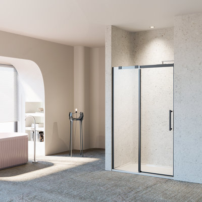 46-48" W * 76" H Frameless Single Sliding Shower Door, Bathroom Sliding Shower Door, 5/16" (8Mm) Thick SGCC Tempered Glass Door, Matte Black