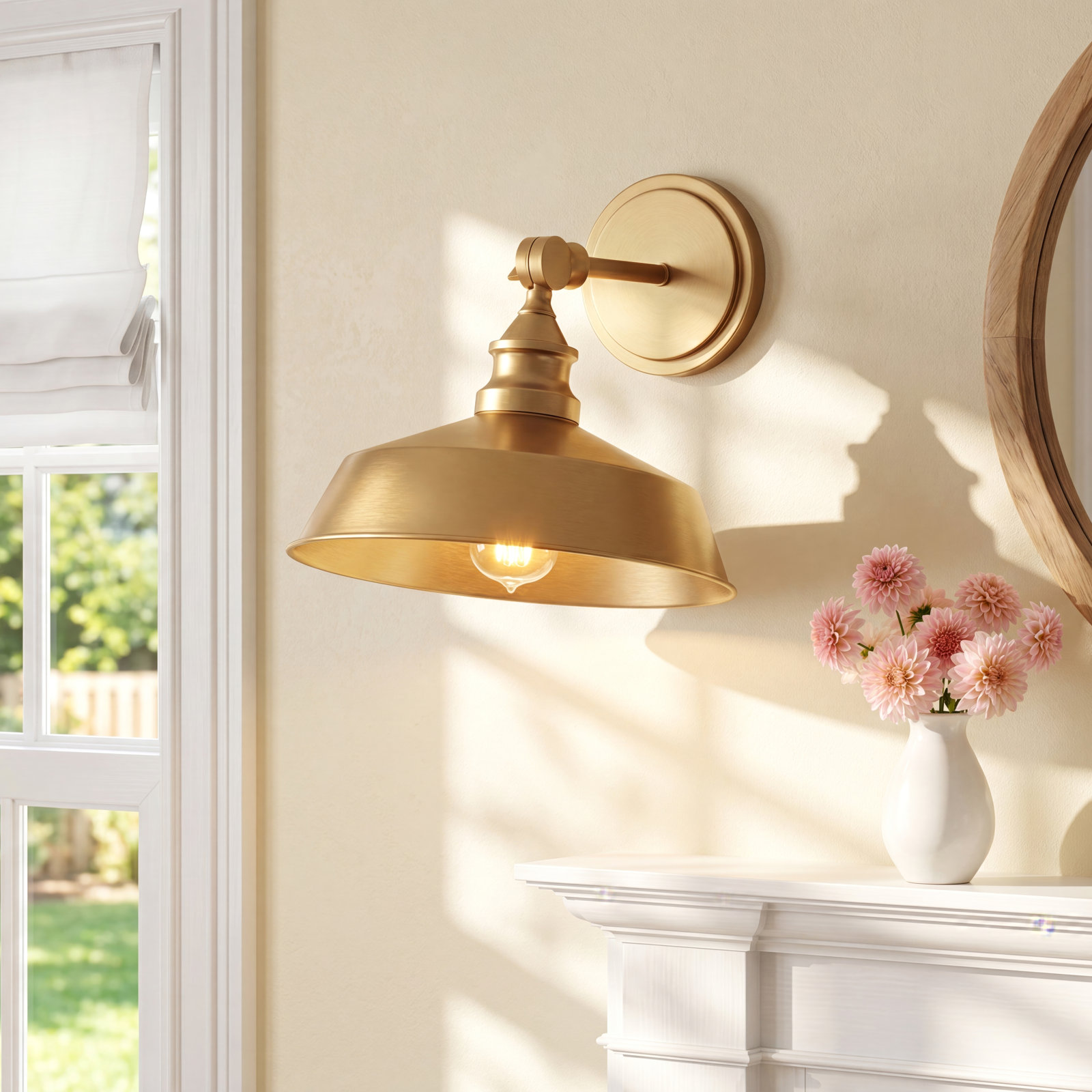 Jeb Single Light Dimmable Armed Sconce, Natural Brass