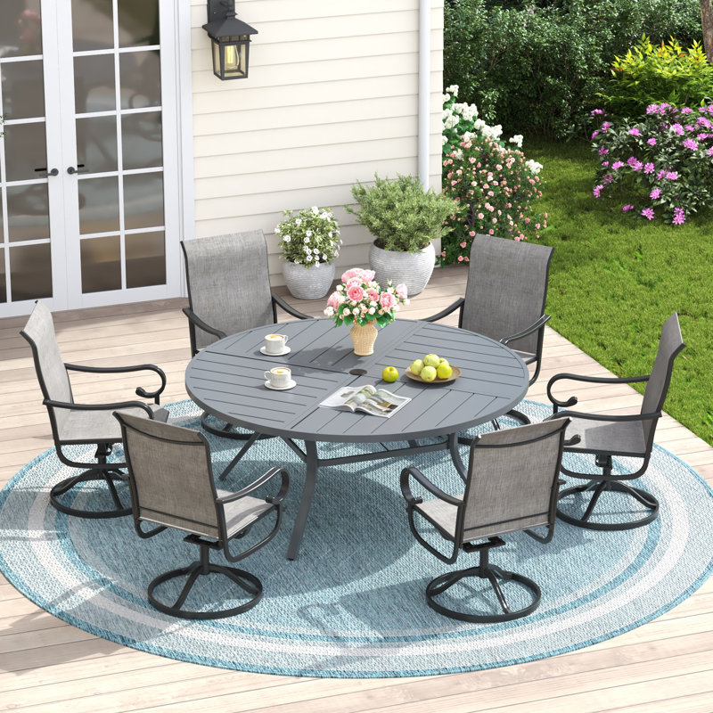 6-Person Round Patio Dining Set With 360° Swivel Textilene Rocking Chairs, Gray/Gray/Gray