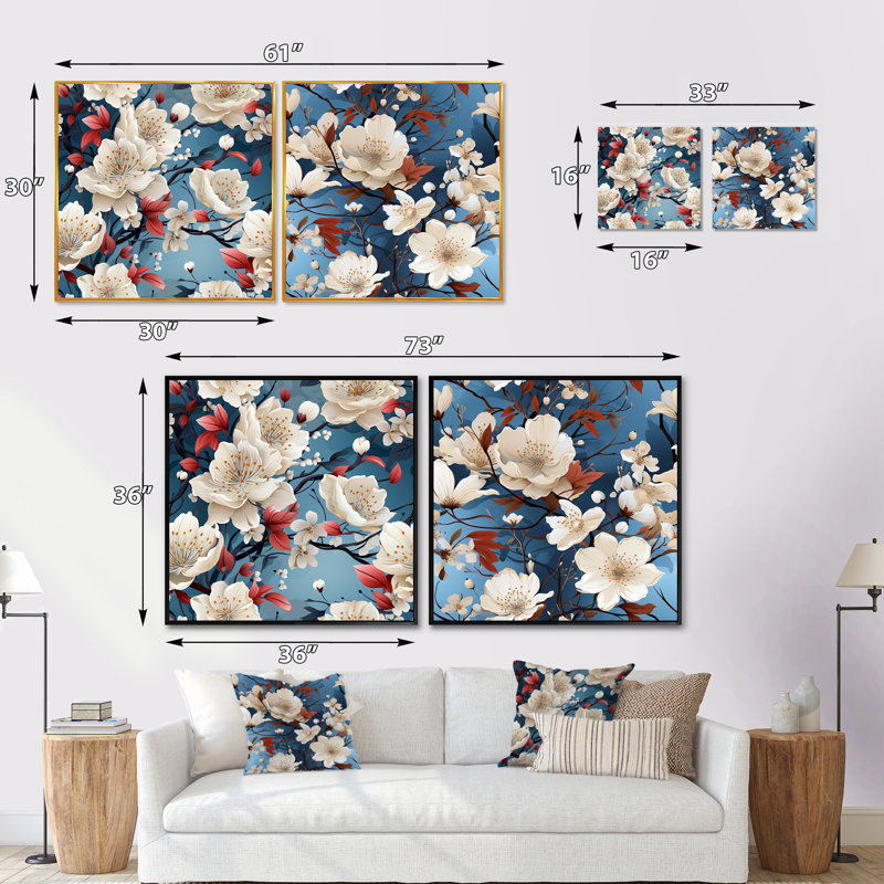 Ficoide - Ensemble de 2 collages floraux carrés, Cadre flottant noir, H 36 po x l 73 po