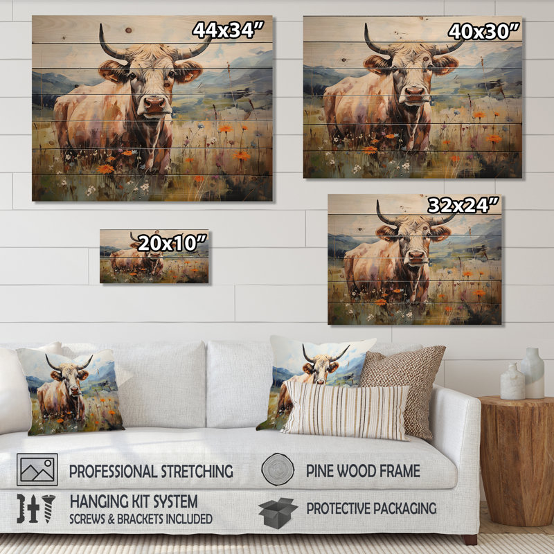 Vache dans des champs pastel - Art mural en bois de vache sur bois de pin naturel, H 30 po x l 40 po