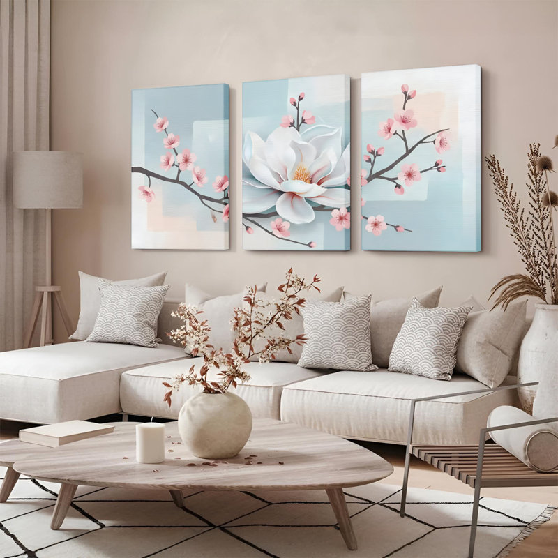 Fleur de cerisier et magnolia, art mural sur toile, reproduction de peinture à l'huile (ensemble de 3), H 30 po x l 60 po