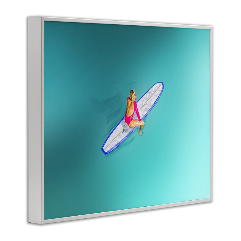 «Sitting on Peaceful Surfboard», art de la giclée par Amelia Noyes, Estampe numérique encadrée blanc bord de mer