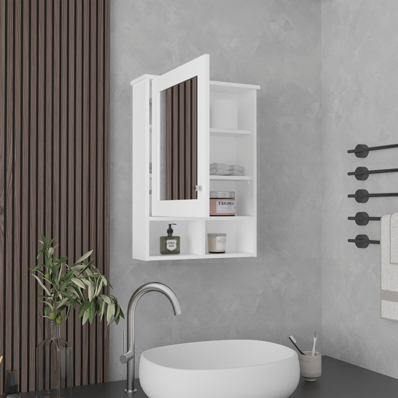 Vina Wall-Mounted Medicine Cabinet with Mirror, One Door Cabinet with Interior Storage Shelves and 2 Open Display Shelves