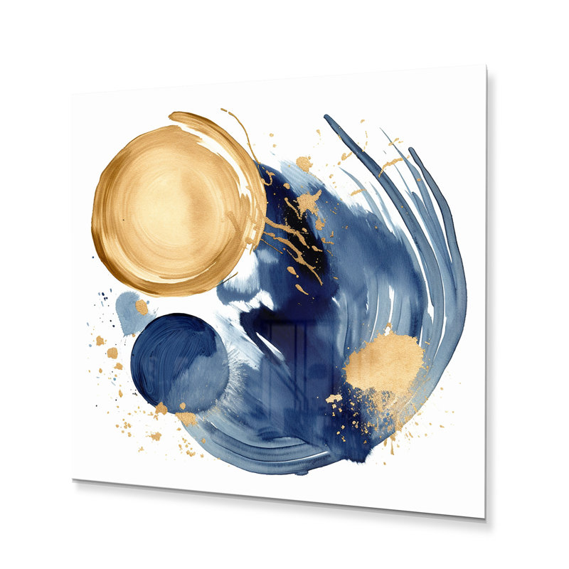 Cercle abstrait bleu foncé et or, texture II - impression sans cadre sur métal, H 16 po x l 16 po x P 1 po