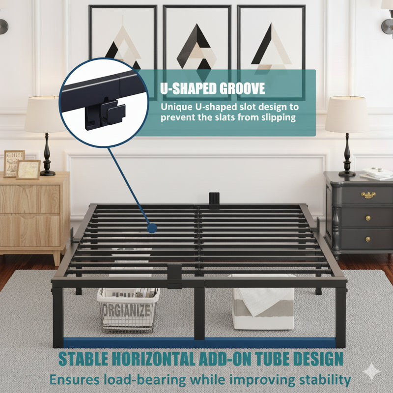 14 Inch Queen Bed Frame,3500 Lbs Heavy Duty Metal Platform, Steel Slats Support/No Box Spring Needed/Noise Free/Non-Slip/Easy Assembly