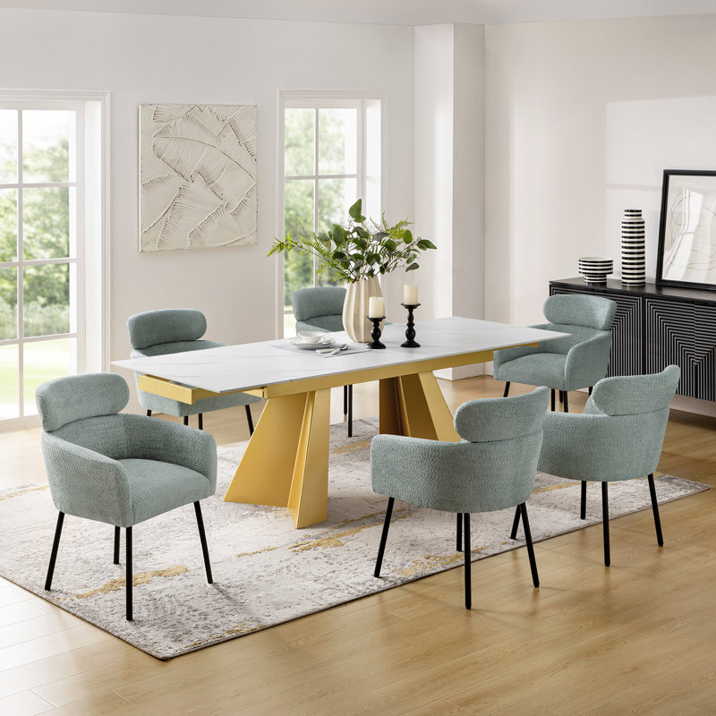 Ensemble de table de salle à manger extensible de 94,5 po 7 pièces Orletta, Blanc, Or, Vert