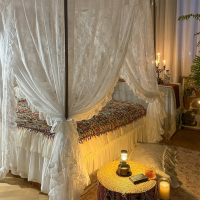 Elegant Lace Princess 4 Corner Post Mosquito Net Romantic for Girls Women Bed Curtain Canopy for Adults Wedding Bedroom Kids Rooms Decoration，White,Full
