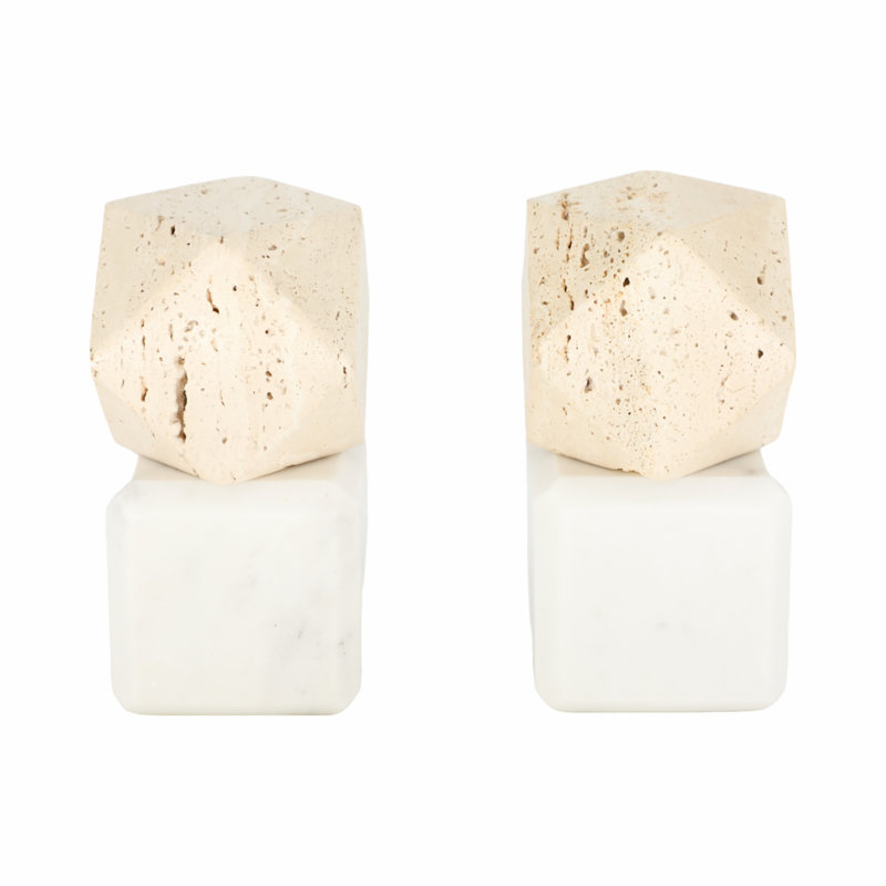 Modern Stone and Marble Geometric Sculptural Bookends with Glam Accents - Set of 2, Tan