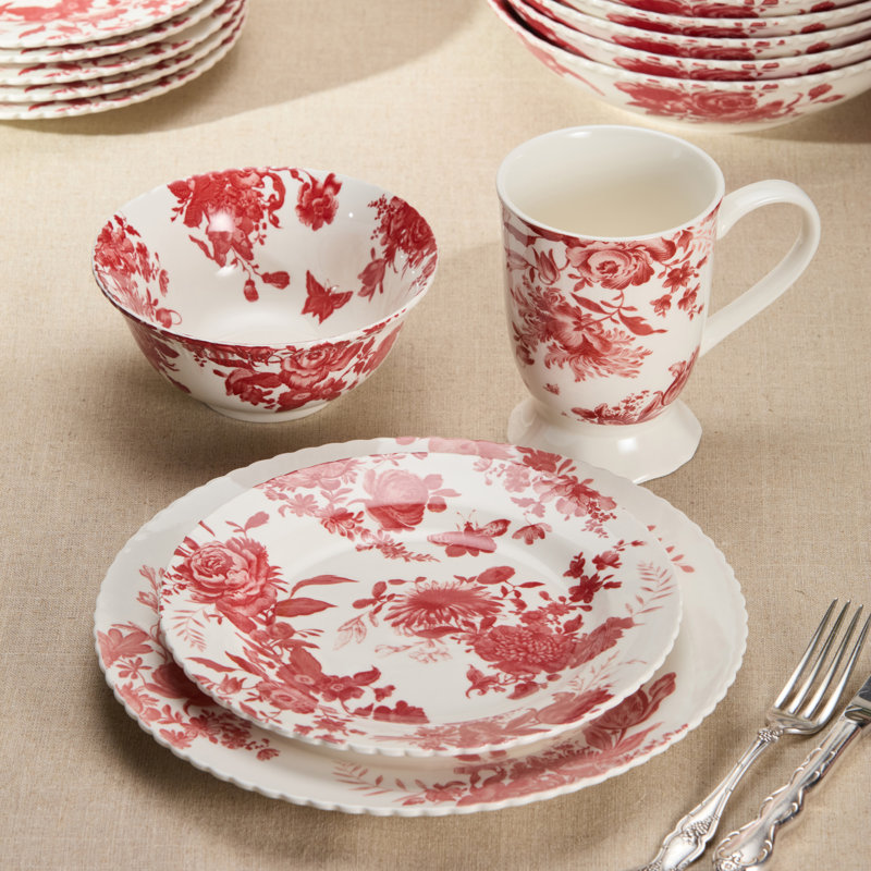 Gabrielle Rose Porcelain Salad Plate Set of 6, scalloped rose toile plates with varied floral scenes for refined small-plate and dessert presentation
