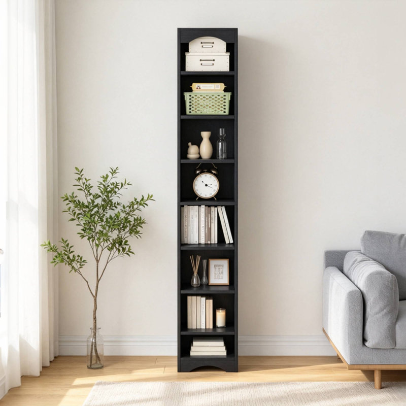 Bibliothèque d'angle à 8 niveaux, grande bibliothèque étroite noire pour petits espaces, étagère de rangement moderne pour le salon, la chambre à coucher ou le bureau
