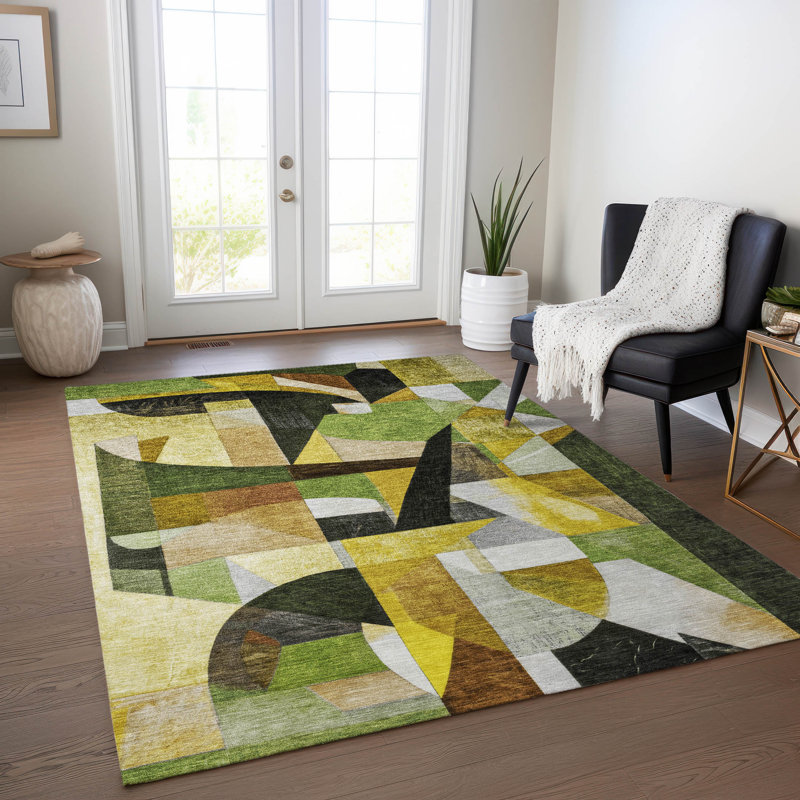 Machine Washable Indoor/Outdoor Xhevrie Green Rug, Rectangle 8' x 10'